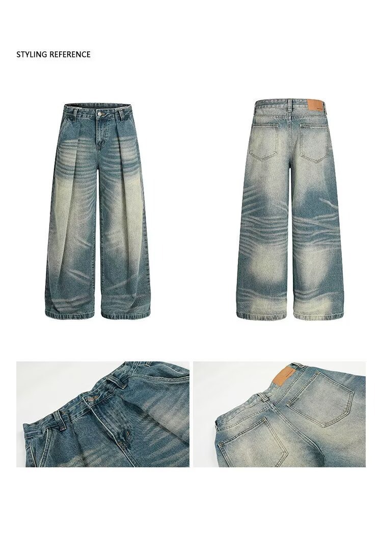 High Waist Wide-Leg Vintage Washed Jeans Cat Whisker Distressing Classic Blue S-3XL Men's Clothing Denim Trousers_mkmklike.com
