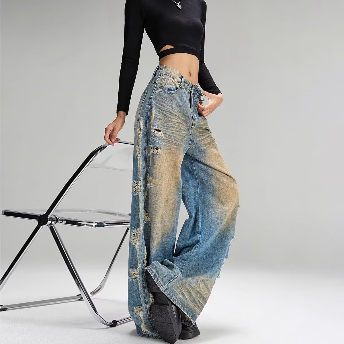 Unisex High-Waisted Wide Leg Jeans Vintage Washed Blue Distressed Artful Rips Bleached 90s Streetwear Revival Non-Stretch Cotton_mkmklike.com