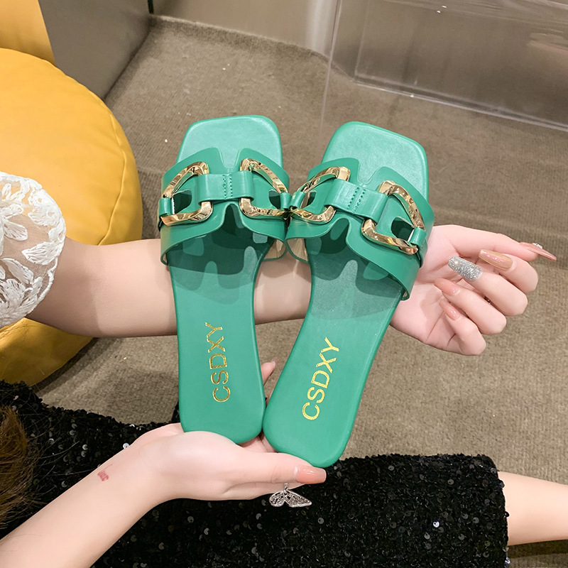 Summer home ins fashion temperament Korean version of flip flops wear square head flat bottom sandals and slippers 42_voghion.com