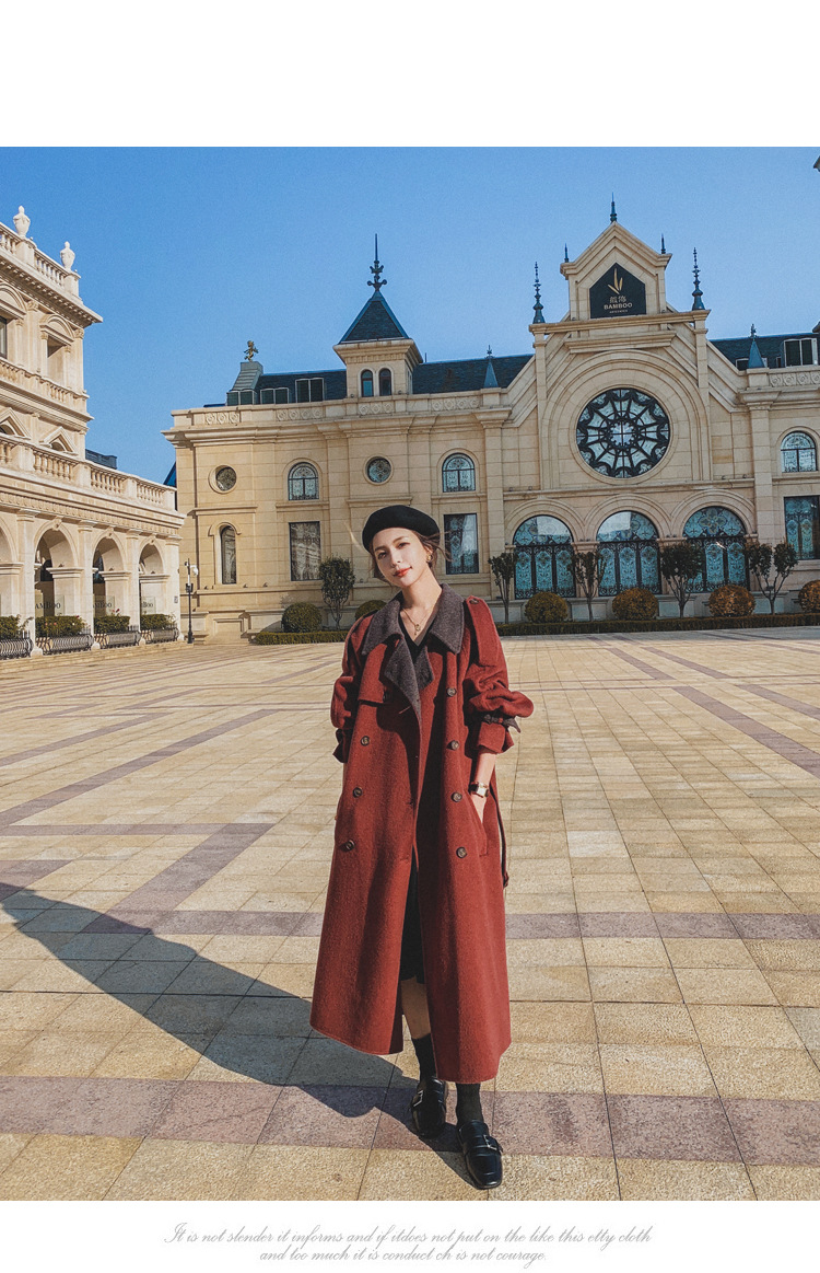 Women's Long Woolen Coat Brick Red Hepburn Style Winter Overcoat_voghion.com
