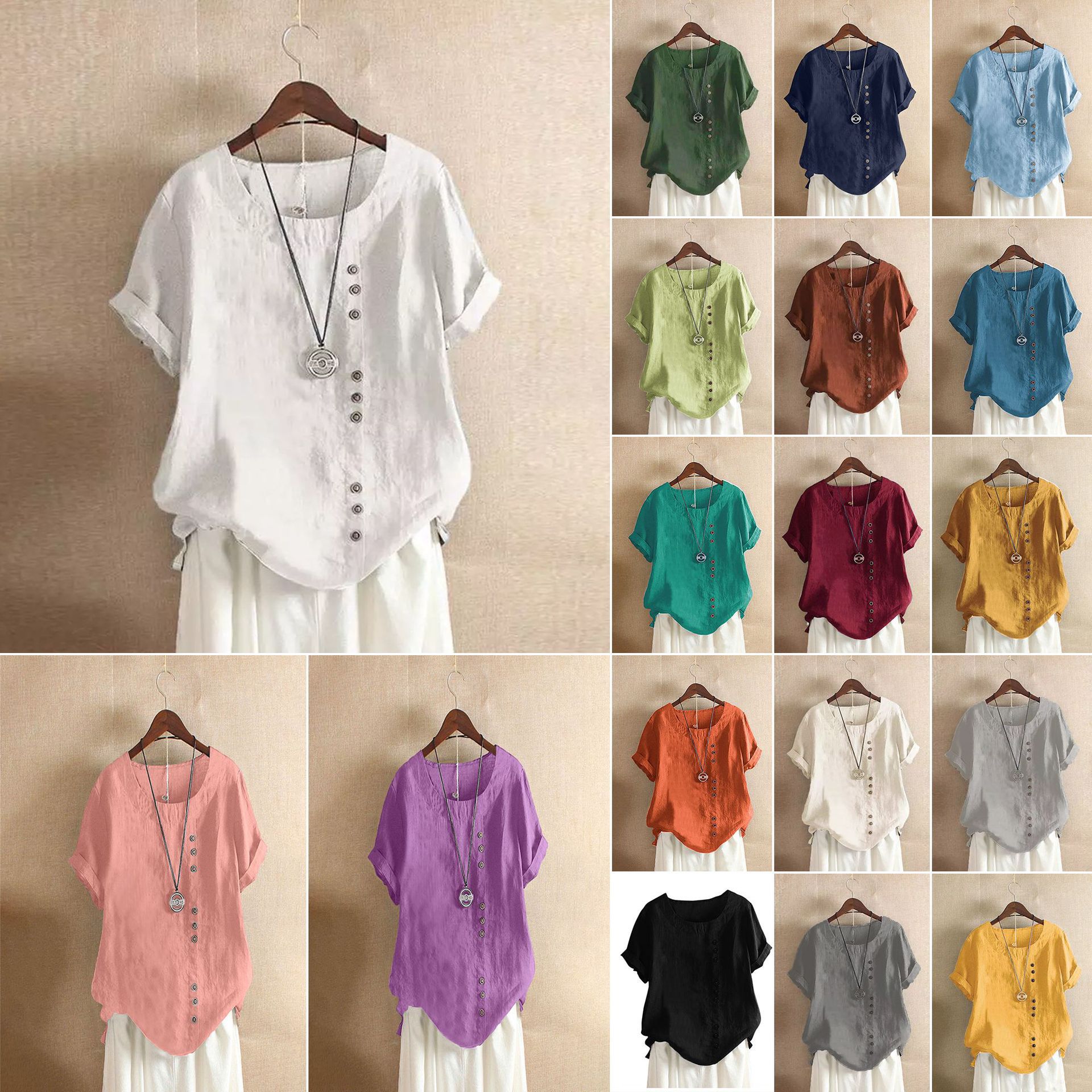 Cross-Border Women's Cotton and Linen Tops, Plus-Size Casual Loose Cotton and Linen T-Shirts, Cotton and Linen Women's Clothing, Plus-Size Women's Clothing, Amz Hot-Selling Items