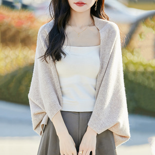 2025 Spring New Pure Wool Lazy Style Knitted Shawl Solid Color Loose All-match Coat Cape Top Women