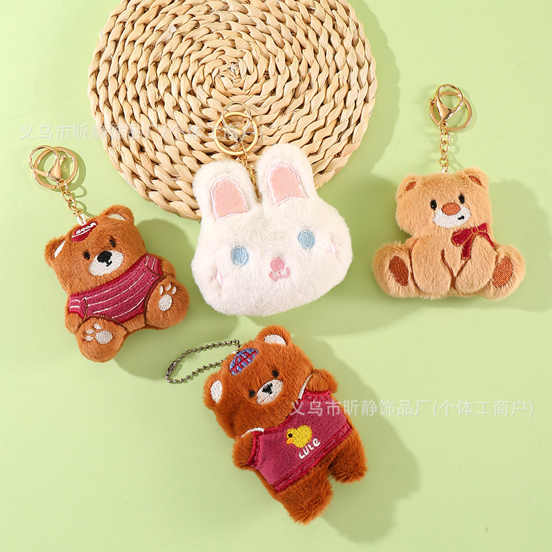 Cartoon-Style Plush Embroidered Brown Bear Doll Bag Charm Cute White Rabbit Keychain Pendant Wholesale