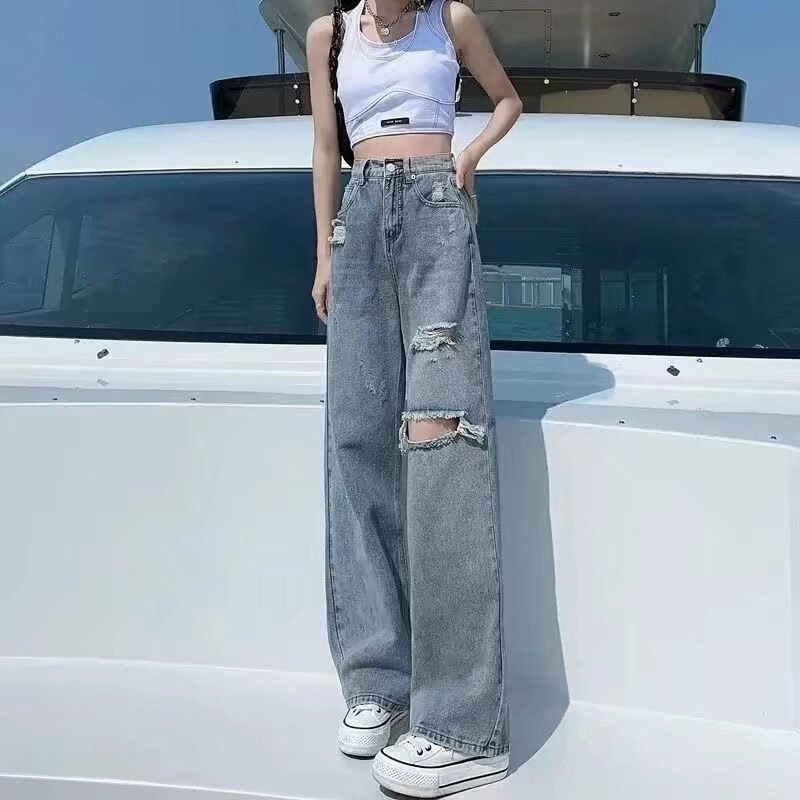 Light-colored ripped jeans for women, summer 2026 new trendy ins style, petite straight-leg loose wide-leg floor-length pants Light-colored ripped jeans for women, summer 2026 new trendy ins style, petite straight-leg loose wide-leg floor-length pants