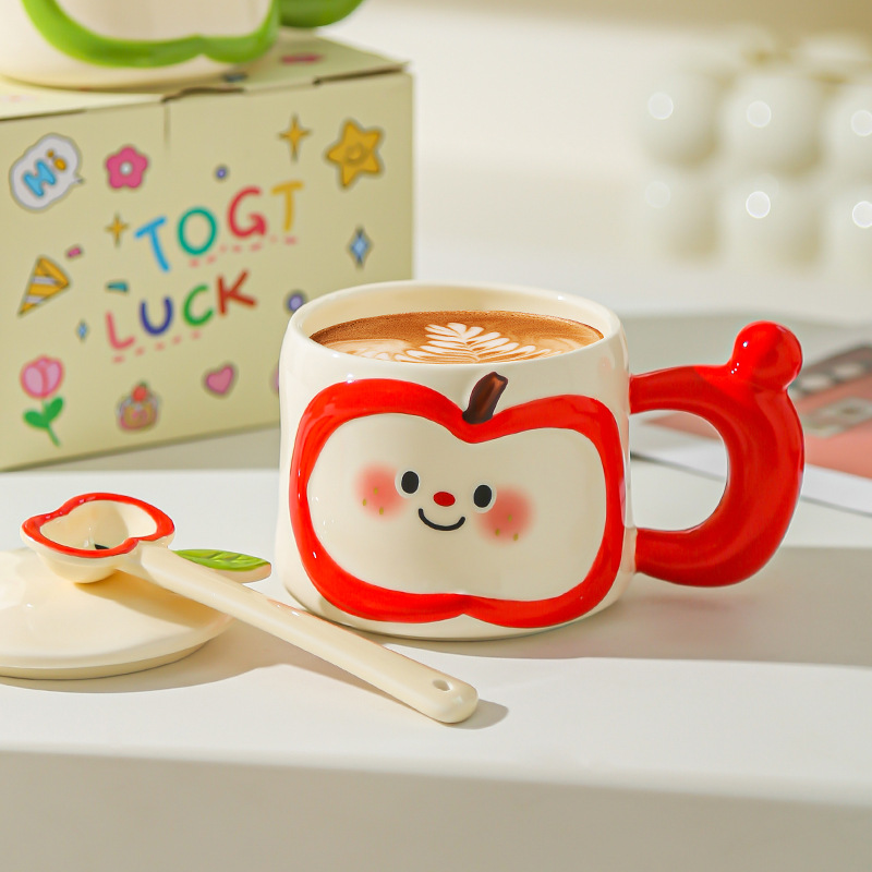 Regalos de cumpleaños creativos lindos tazas de agua de manzana de alto valor facial taza de cerámica con cubierta cuchara práctica acompañante caja de regalo