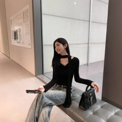 MULVAN“氛围美女”荡领/斜露肩/一字肩设计感上衣女修身气质t恤