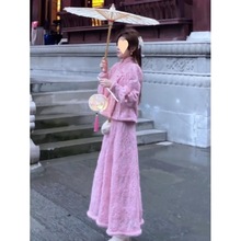 加绒加厚新中式国风连衣裙高级感粉色盘扣外套两件套秋冬套装裙子