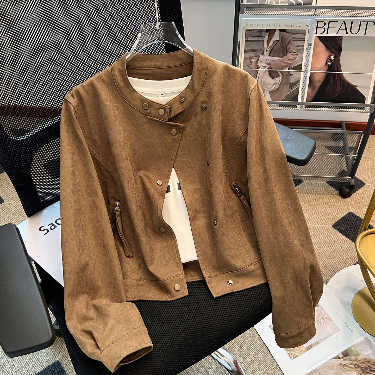 French Style Orange Brown Suede Jacket Women's Short 2025 Early Autum New Round Neck Motorcycle Jacket