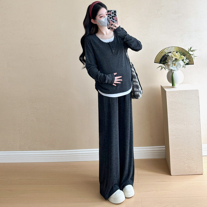 임산부 정장 2024 가을 신상품 레이지 스타일 가짜 투피스 상의 와이드 레그 팬츠 아우터웨어 패셔너블 임산부 정장 여성용