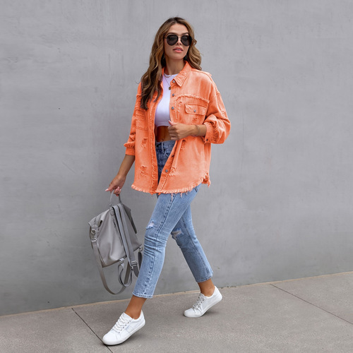 Cross-border new style European and American denim jacket women's solid color loose jacket ripped long-sleeved women's denim shirt