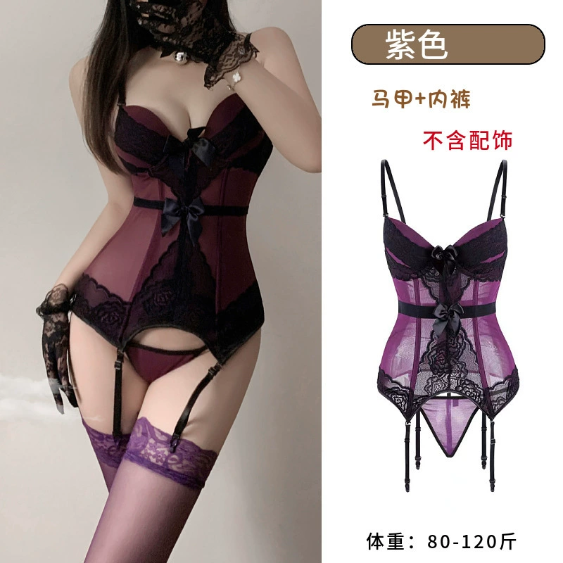 Комплект бюстье с кружевной поддержкой, бюстгальтер-лиф Purple Lace с подвязками и чулками, one size