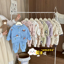 儿童卡通睡衣套装2025新款女童可爱翻领家居服男童条纹睡裤两件套