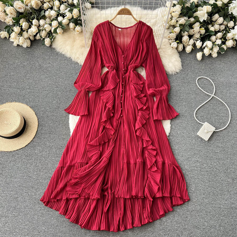 Super Fairy Seaside Vacation Chiffon Dress Women's Ruffle Lace V-Neck Elegant Pleated Waist Slimming Dress