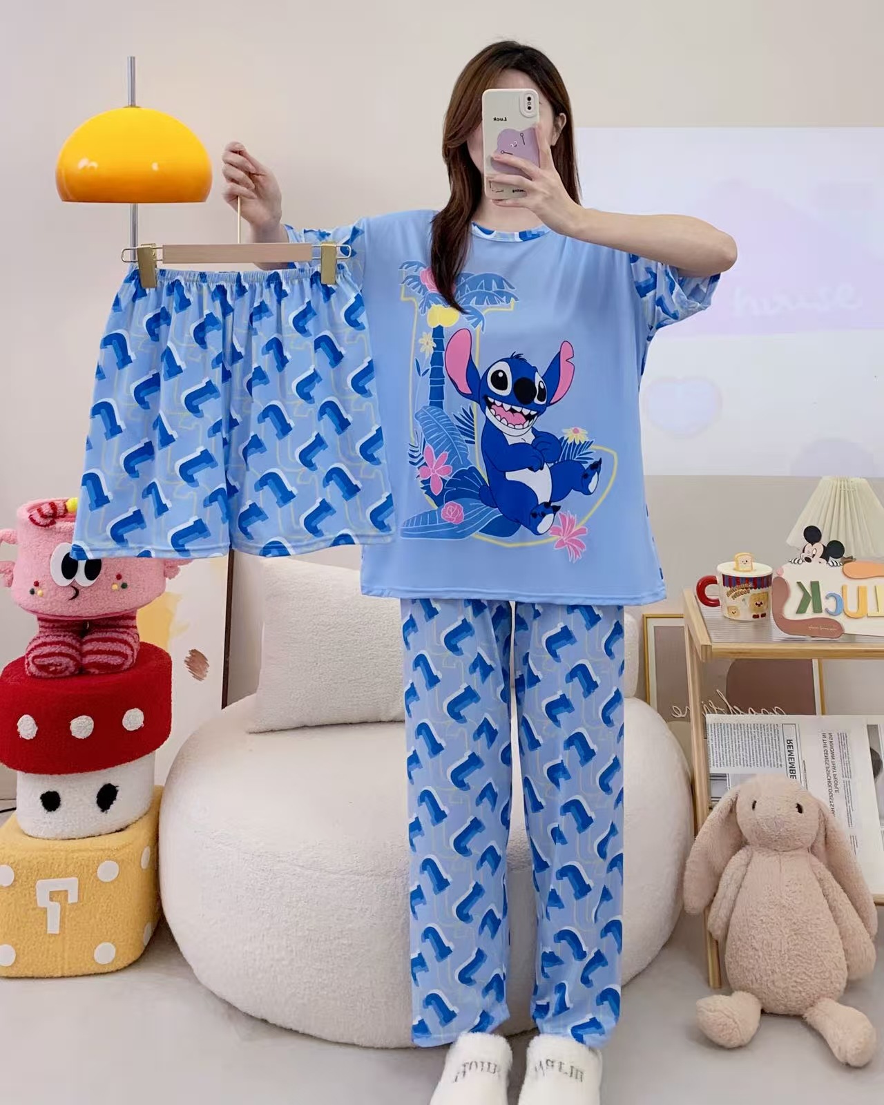 Pijamas de verano transfronterizos pijamas de leche de seda de tres piezas set de dibujos animados comercio exterior ropa para el hogar pantalones de mangas cortas lindos