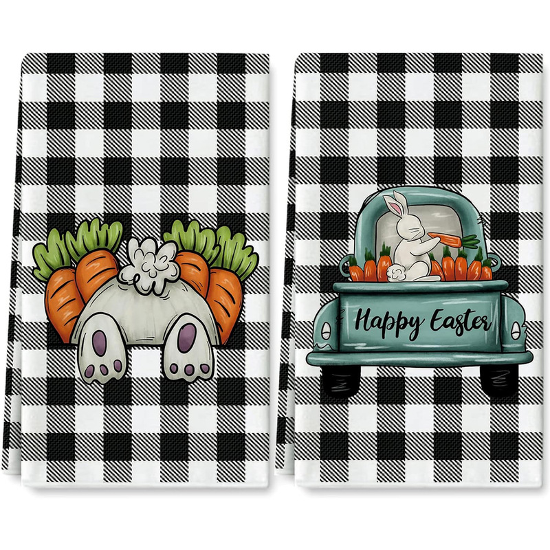 Easter kitchen towel Easter Rabbit truck dish towel white black buffalo plaid hand dry tea towel
