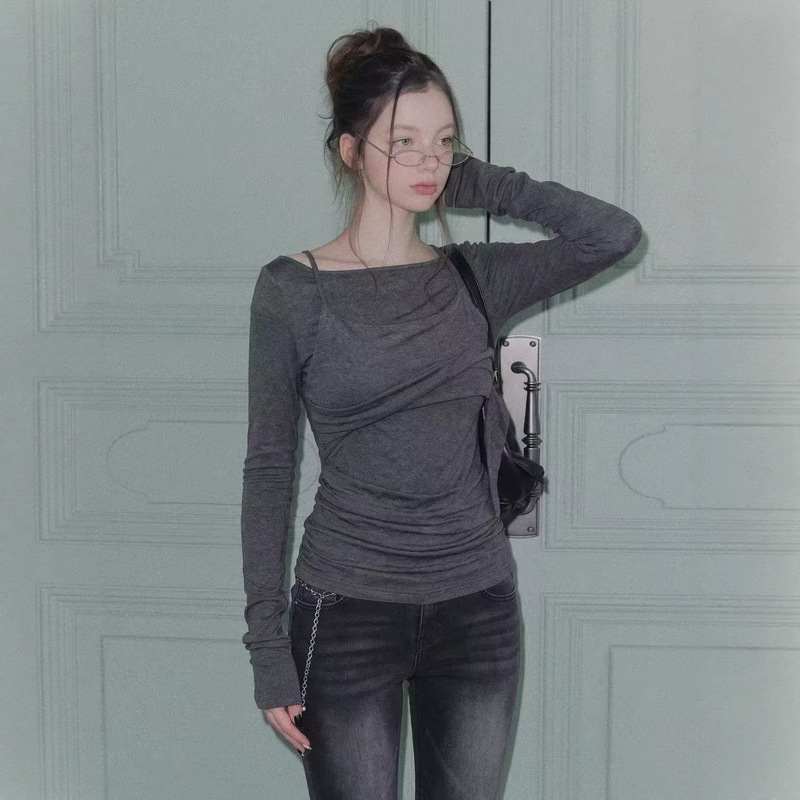 AUNP layered gray long-sleeve top for women, early autumn thin pleated design, waist-cinching slimming blouse