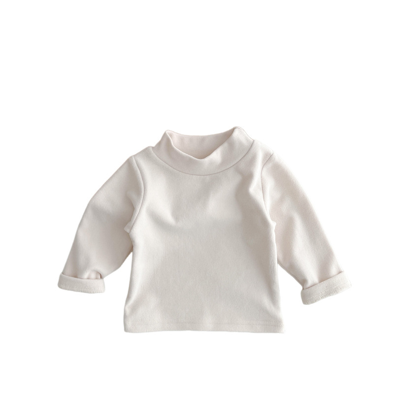 Camisa de fondo de terciopelo de color sólido para niños suave medio cuello alto primavera y otoño bebé básico niñas estiramiento casual top a juego