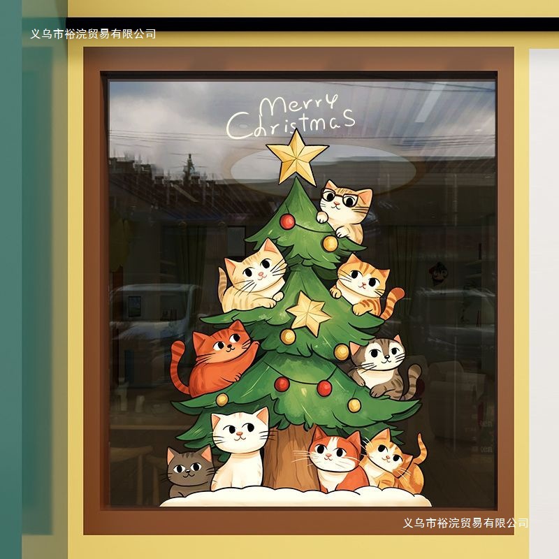 圣诞节装饰猫咪圣诞树静电贴纸卡通静电玻璃贴膜店铺橱窗贴门贴画