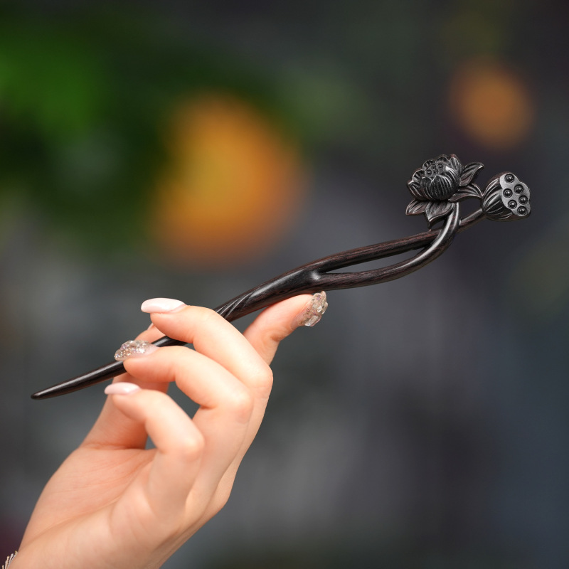 新しい中国禅スタイルの二世白檀ヘアピンクールな蓮の花のヘアピン卸売女性のエスニックスタイルの頭飾り|undefined