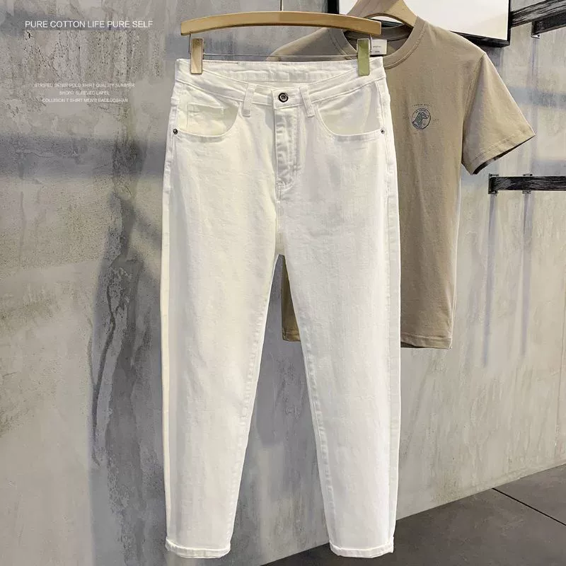 Мужские белые укороченные джинсы, мужские весенне-осенние новые тонкие модные эластичные молодежные брюки в корейском стиле 2025 года