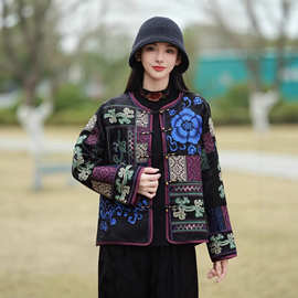 2026春季新款民族风复古人丝提花太太服 拼接复古民族风开衫上衣