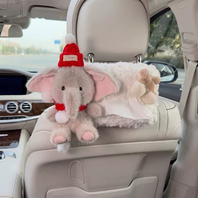 Cartoon Elephant Car Creative Seat Back Tissue Holder Car Tissue Box In-Car Armrest Box Multifunctional Tissue Box (Car tissue box/set) - l-red-hat-red-scarf-gray-elephant-left-white-velvet-bag-bow
