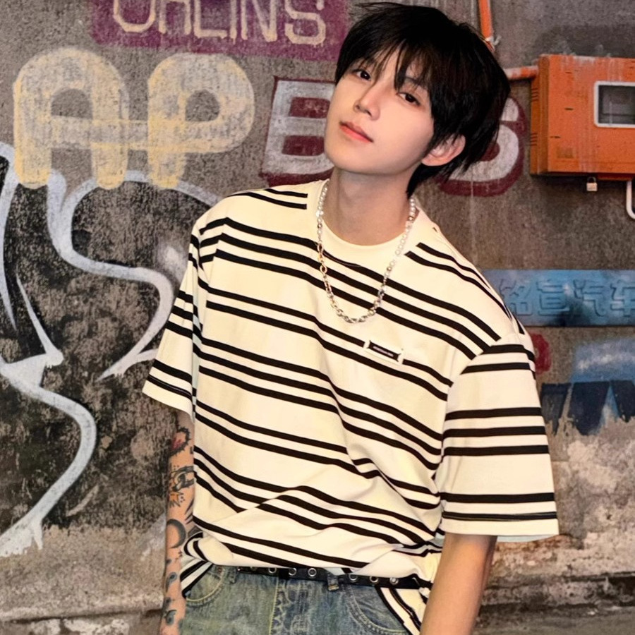 Heavy New Striped Short-sleeved T-shirt Men's Fashion Brand Summer Korean Loose Casual Lovers Half-sleeved T-shirt Top