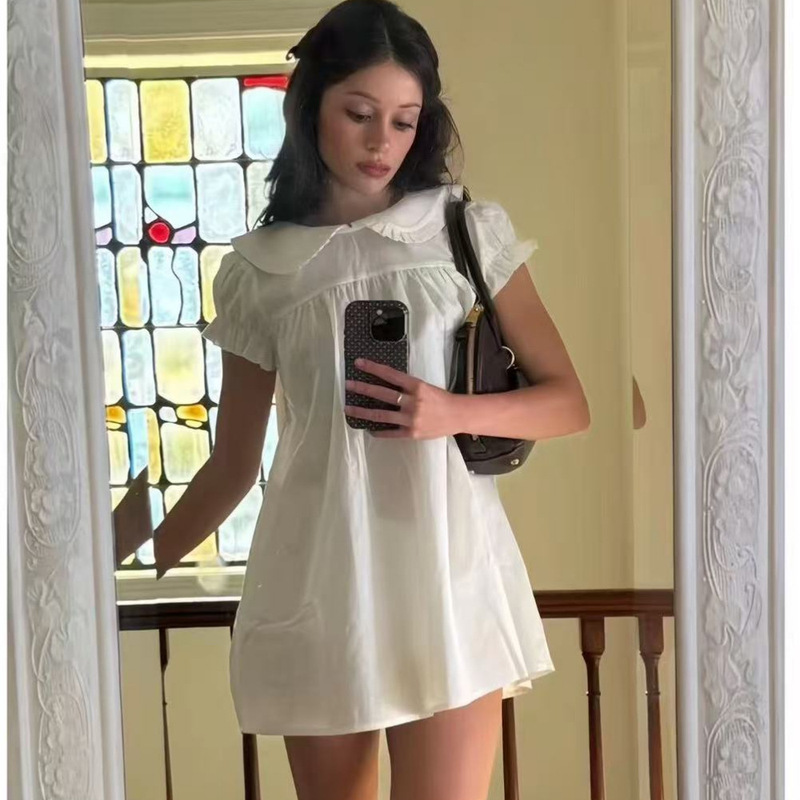 French Retro Doll Collar White Cotton-Linen Puff Sleeve Sweet Youthful Dress for Women, Spring First Love Little White Dress