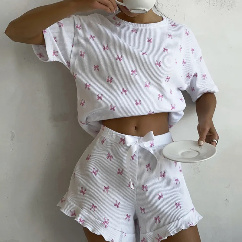 Russia's New Spring and Summer Casual Women's Home Bow Printed Short-Sleeved Lace Shorts Comfortable Pajamas Set
