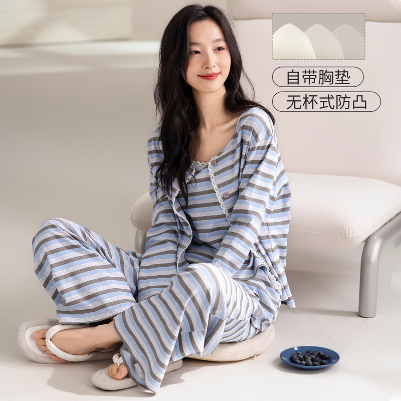 Spring and Autumn Pure Cotton Pajamas for Women, New Sexy Korean Style with Chest Pads, 2026 Home Wear Three-Piece Set, Can Be Worn Outside in Winter Spring and Autumn Pure Cotton Pajamas for Women, New Sexy Korean Style with Chest Pads, 2026 Home Wear Three-Piece Set, Can Be Worn Outside in Winter