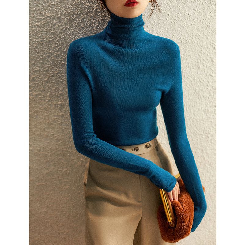 孔雀蓝高领针织打底衫女秋季内搭薄款堆堆领针织衫感毛衣上衣