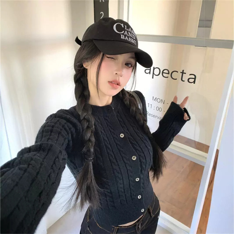 Black Short Twist Knitwear Women's 2024 Autumn Korean Style New Slim-fit Slimming Spice Girl Inner Long Sleeve Cardigan