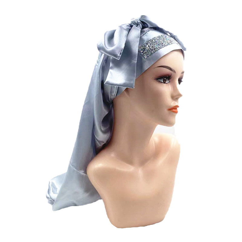 Cross-border Amazon wide-brimmed solid color colored diced drilling long hair cap long belt long tube hair care cap hairdressing cap nightcap