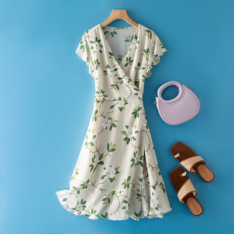 Ruffled Printed Mulberry Silk Fishtail Dress Women's 2025 Summer New Slim-fit Slimming One-piece Silk dress