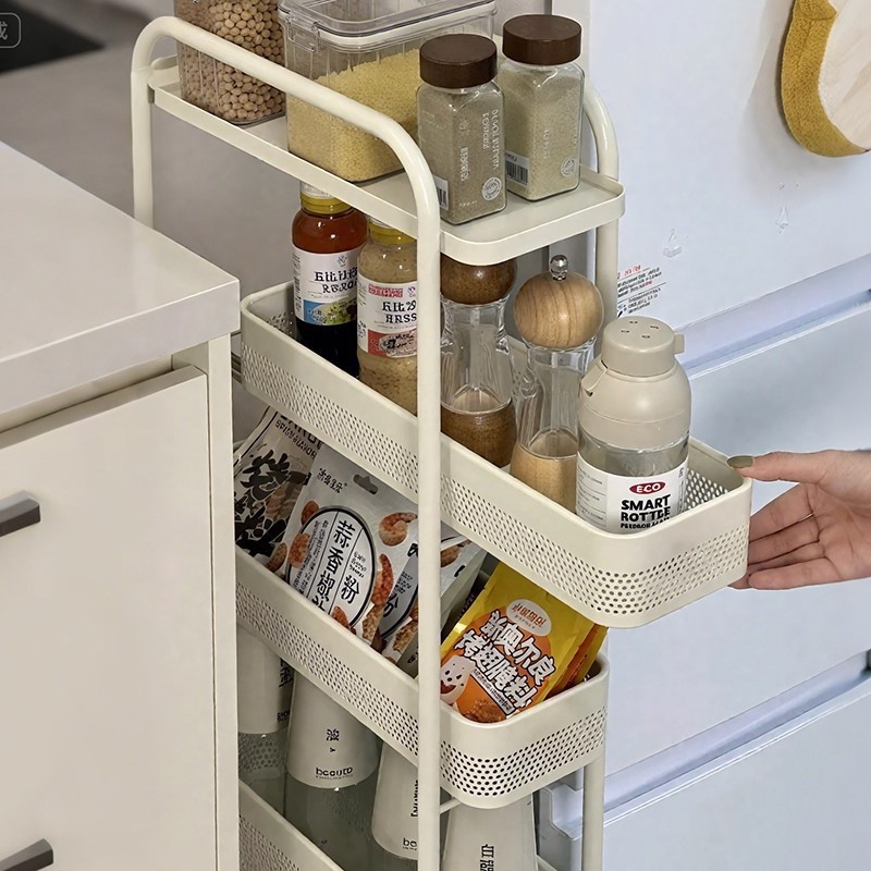 Estante de cocina de hendidura estrecha, piso de hendidura, gabinete de almacenamiento multicapa, refrigerador lateral, cajón, carro pequeño de frutas y verduras