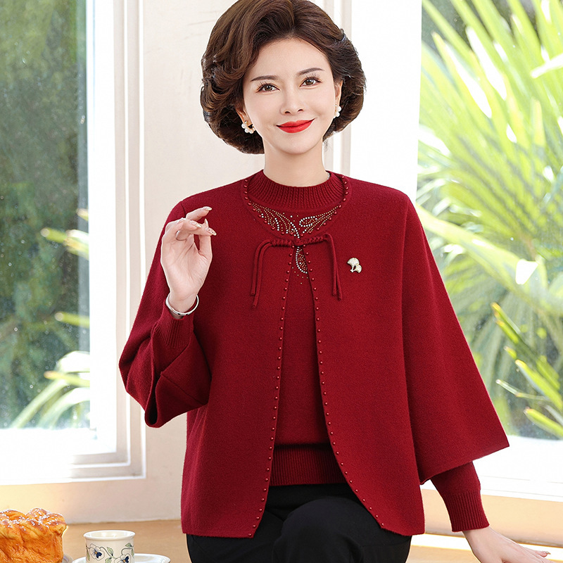 お母さんの秋の服装の気質の高貴なセーターの2つのセットの中で老年の婦人服の洋風のメリヤスのカーディガンの喜姑の披露宴の服|undefined