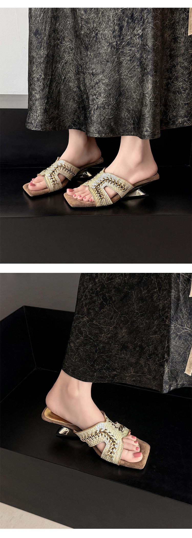 Sandal cao gót nữ mũi vuông kiểu Pháp, đế xuồng đan, quai ngang hở mũi, màu vàng champagne — 5451 Vàng Champagne chi tiết 1