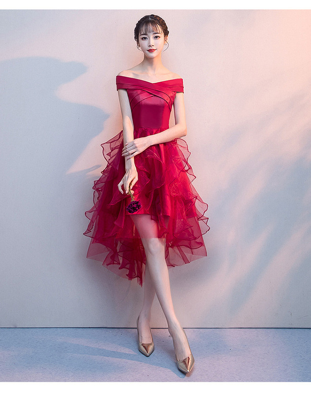 Evening Dress Women's 2021 Fashion Banquet Noble One-character Collar Simple and Generous Graduation Elegant Short Dress for Small Evening Dress Women's 2021 Fashion Banquet Noble One-character Collar Simple and Generous Graduation Elegant Short Dress for Small