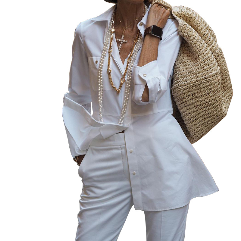 GraceChic FD483 Disponibile Autunno Inverno 2025 Nuovo Export Camicia a maniche lunghe da donna Pantaloni tinta unita Completo due pezzi_voghion.com