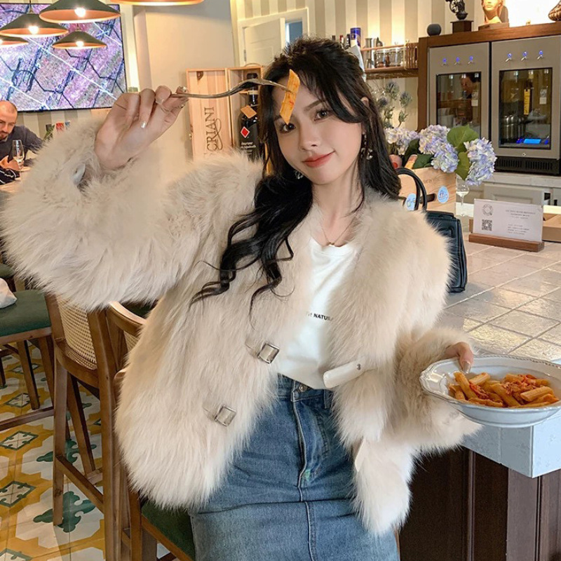 Women's Clothing plush top windbreaker short double breasted leather buckle high end slim environmentally friendly wool warm fur coat_voghion.com