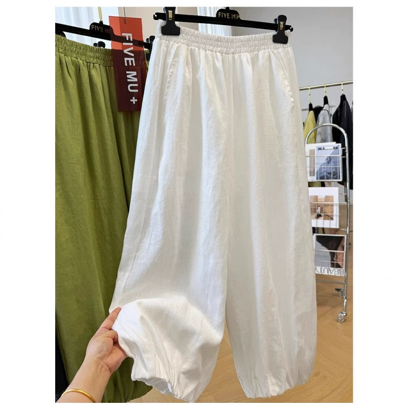 Летние брюки 2025 года в стиле ретро этнический, однотонные, художественные, тонкие, свободные, повседневные, укороченные, широкие брюки-фонарики для женщин