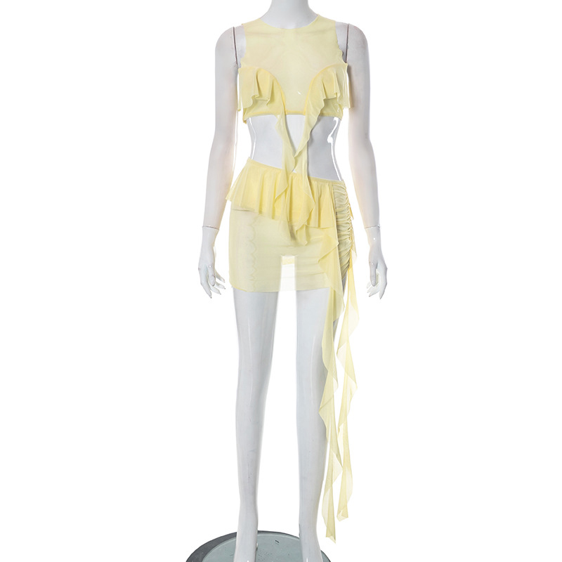 Women Clothing Spring Summer Sleeveless Short Vest Mesh See through Mid Length Skirt Set