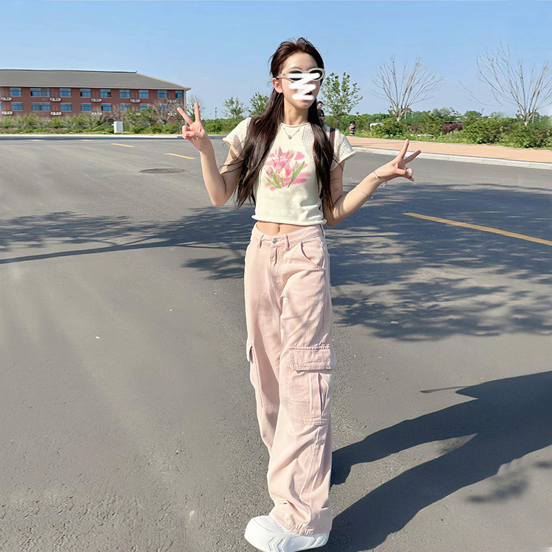 American High Street Vibe Pink Wide-Leg Cargo Jeans for Women Petite Loose Multi-Pocket Floor-Length Lumberjack Pants Summer