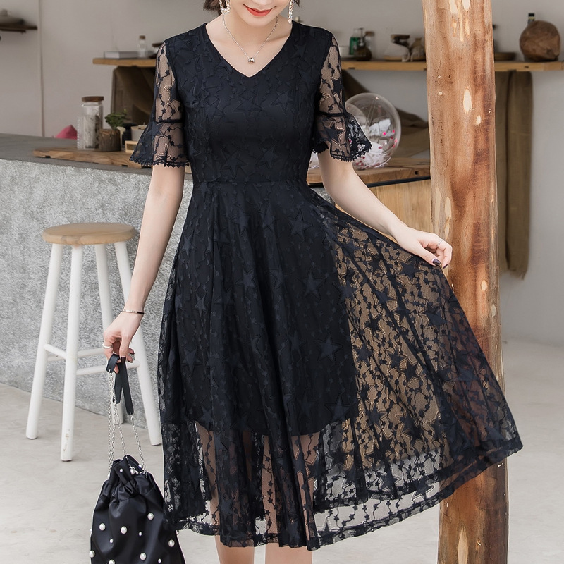 New Lace Fat Slim Fit Slim Large Women's Fairy Midlength A-line Dress