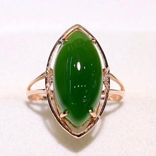 Fubei Diamond Jewelry [18K Gold Inlaid with Natural Hetian Jasper Marquise Ring for Women] Bare Stone 9*18mm Ring Size 14