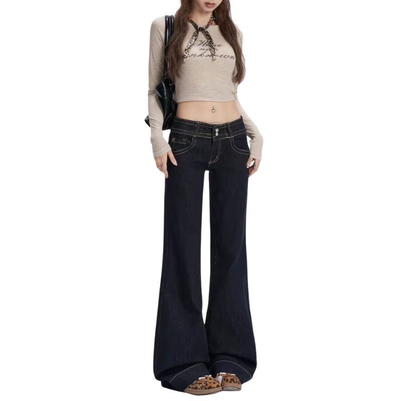 Customized OEM/ODM dark blue flared jeans for women, 2026 summer new style, slimming, loose, low-waisted Customized OEM/ODM dark blue flared jeans for women, 2026 summer new style, slimming, loose, low-waisted