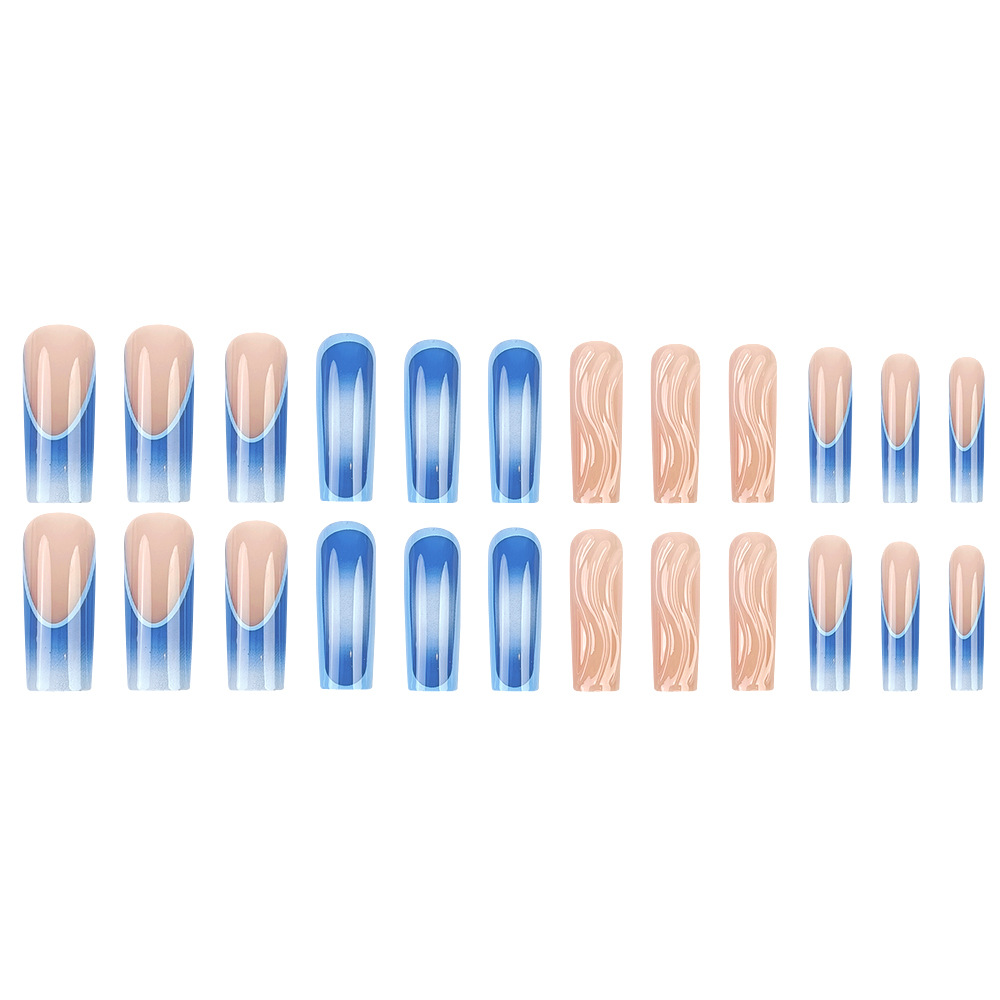 Uñas postizas de cartón corrugado tridimensional azul nude para comercio exterior, estilo Y2K, uñas postizas largas de 24 piezas, venta al por mayor.