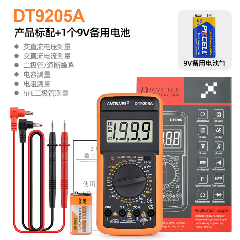 DT9205A estándar + 1 batería de 9V