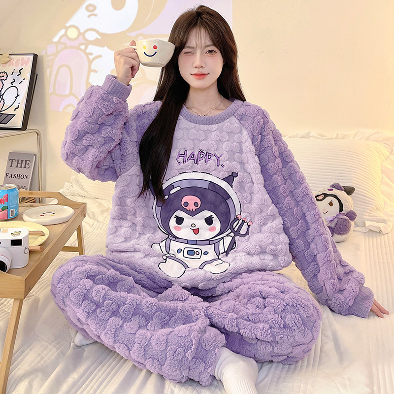 Coral Velvet Pajamas Women's Autumn and Winter New fleece-lined Thickened Cute Cartoon Little Girl's Winter Home Clothes suit