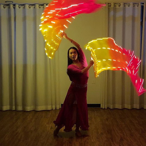 New adult LED glowing fan with red-yellow gradient color soft wire light string, rechargeable belly dance performance decoration